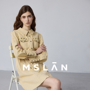 MSLAN条纹肌理棉 25秋文艺复工翻领收腰连衣裙