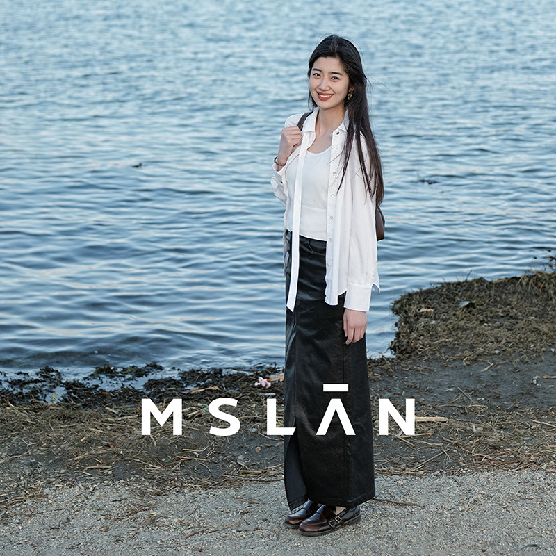 MSLAN丨春季直筒显瘦水洗肌理感开叉皮革中长裙MGCQ332