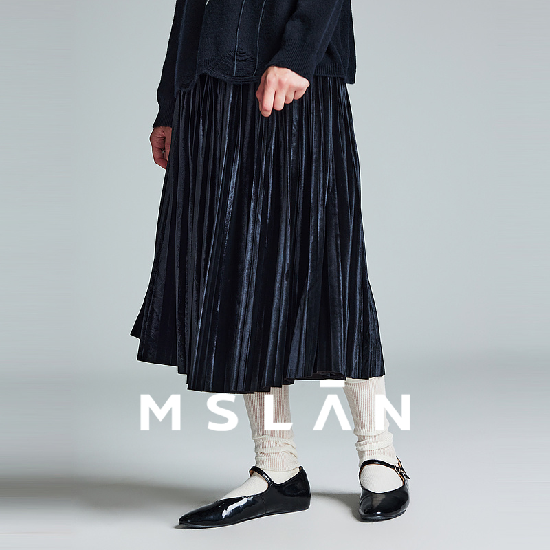折扇半裙/MSLAN 25秋微光肌理气质重工丝绒压褶半身裙弹力长裙