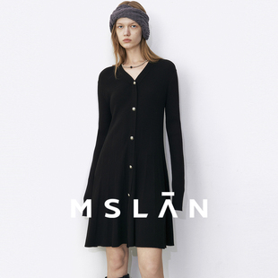 MSLAN温柔内搭针织裙气质V领坑条肌理显瘦修身短款连衣裙25秋冬