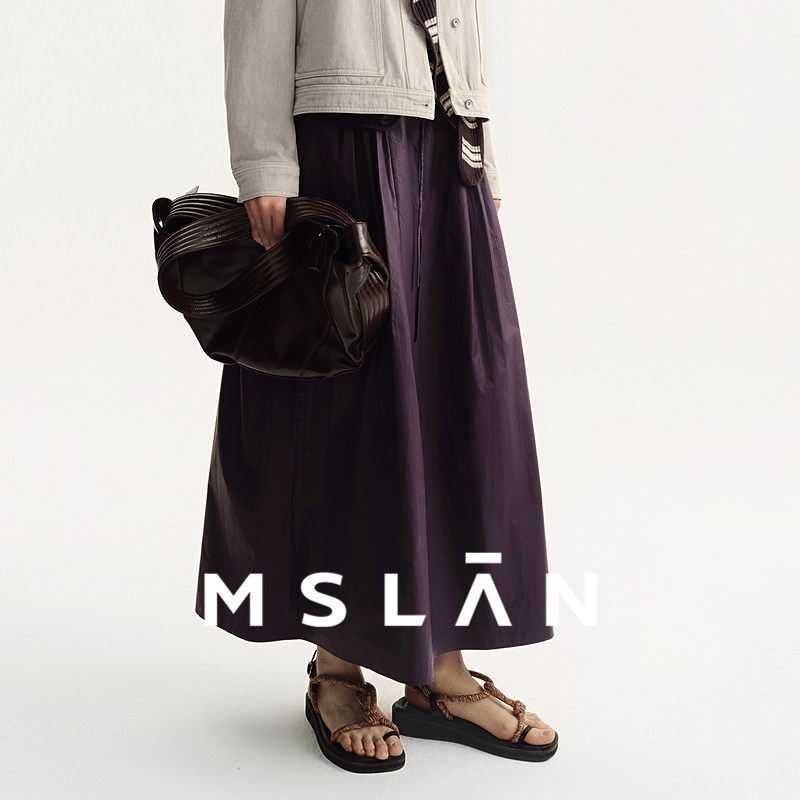 绝绝紫/MSLAN春季港风通勤中长裙松紧腰复古塔克半身裙MHAQ