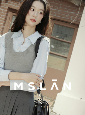 MSLAN知识分子 假两件针织衫大U领针织衬衫拼接时尚蓝色叠穿衬衫