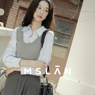 MSLAN知识分子 假两件针织衫大U领针织衬衫拼接时尚蓝色叠穿衬衫