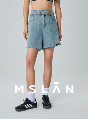 【设计感腰头】MSLAN春夏浅蓝色宽松高腰毛边短裤MFBM6102