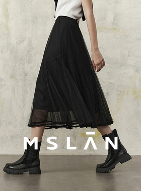 流动美学|MSLAN春夏气质不规则高腰网纱中裙黑色半身裙MGAM8201