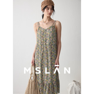 MSLAN佩斯利印花 夏季度假风抽绳碎花吊带连衣裙女