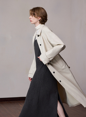 MSLAN左岸漫步 气质单排扣活页风衣26春翻领分割米白皮衣外套