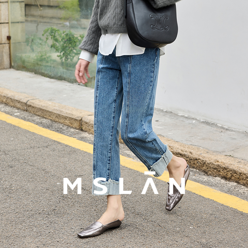 翻折边法棍裤/MSLAN老钱风牛仔裤 秋季复古九分裤卷边高腰牛仔裤