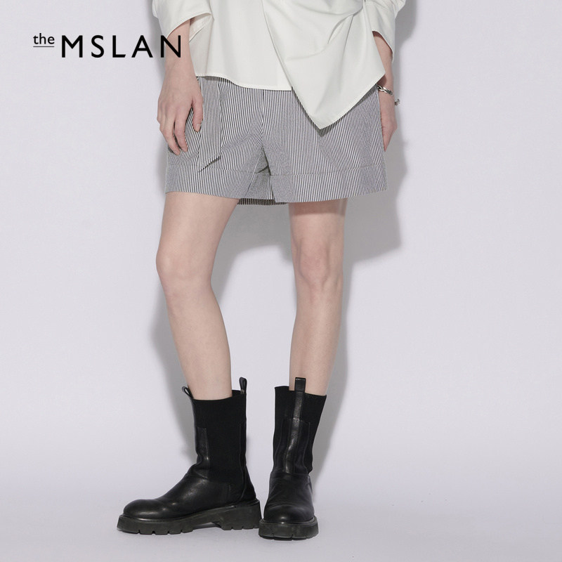 【100%棉】mslan春季高腰简约蓝白条纹短裤设计感休闲裤meba6106