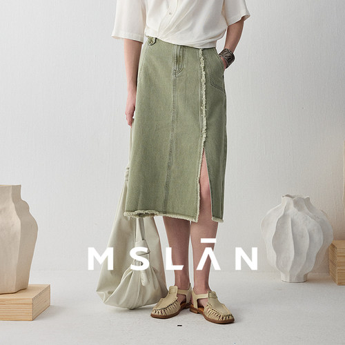 MSLAN夏季开叉纯棉牛仔半身裙