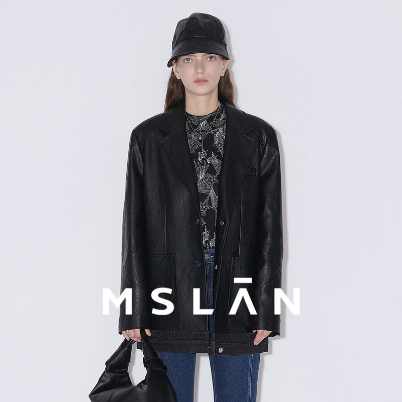 MSLAN拼接时髦皮衣外套