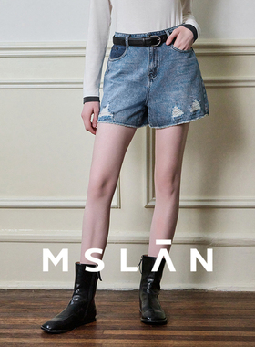 高腰显瘦/MSLAN松弛感做旧 破洞A字纯棉白色牛仔短裤MFCN6101
