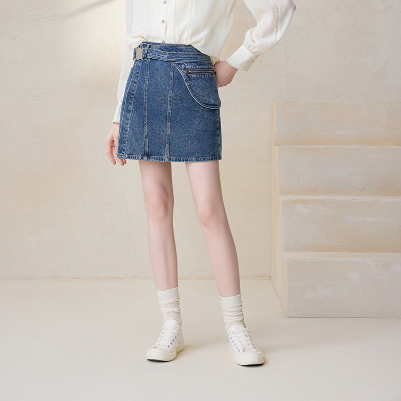 【不规则】MSLAN时尚学院风春夏压褶高腰弹力牛仔短裙MFCN8