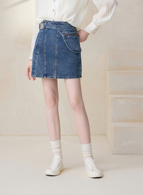 【不规则】MSLAN时尚学院风春夏压褶高腰弹力牛仔短裙MFCN8102