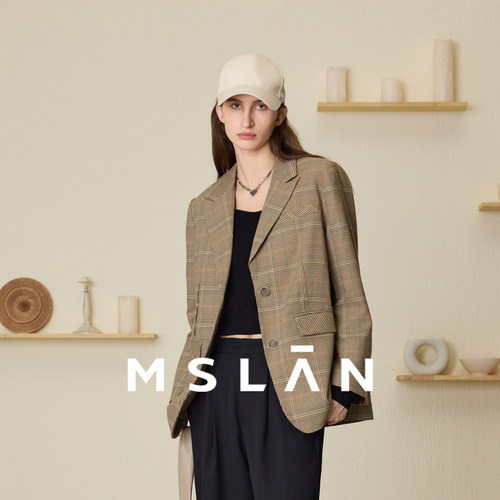 MSLAN格纹长袖西装外套时尚