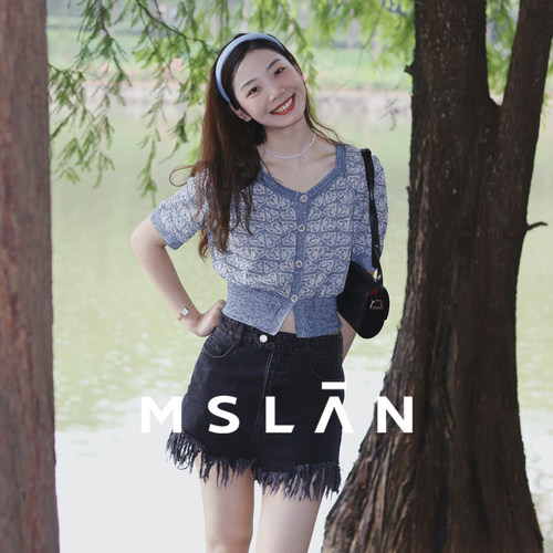 高腰毛边黑色牛仔短裤MSLAN