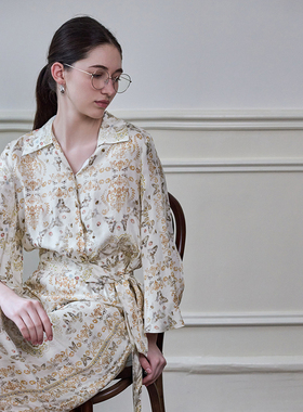 MSLAN秋日来信 法式系带蝴蝶印花短衬衫铜氨丝衬衣