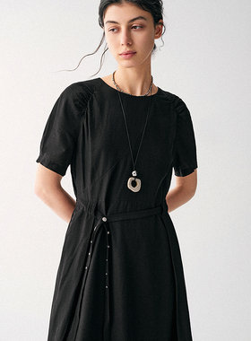 塞纳湖畔|MSLAN商场同款易打理舒适插肩腰带黑色连衣裙MGBT3791