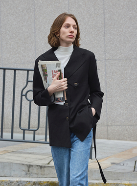 【含腰带收腰西装】MSLAN春季气质港风精英黑色修身外套MEAA2514