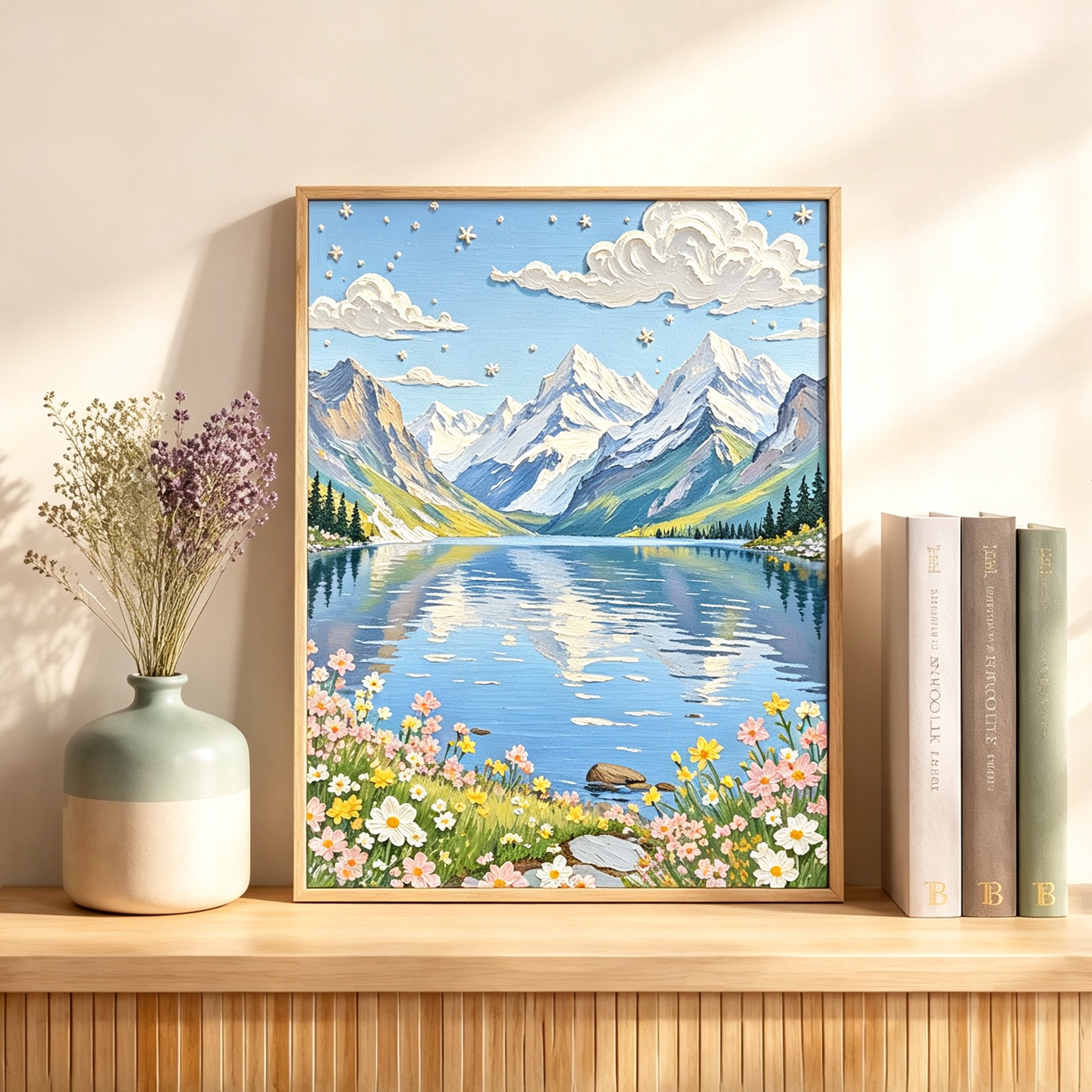 雪山湖泊花海治愈数字油画装饰画