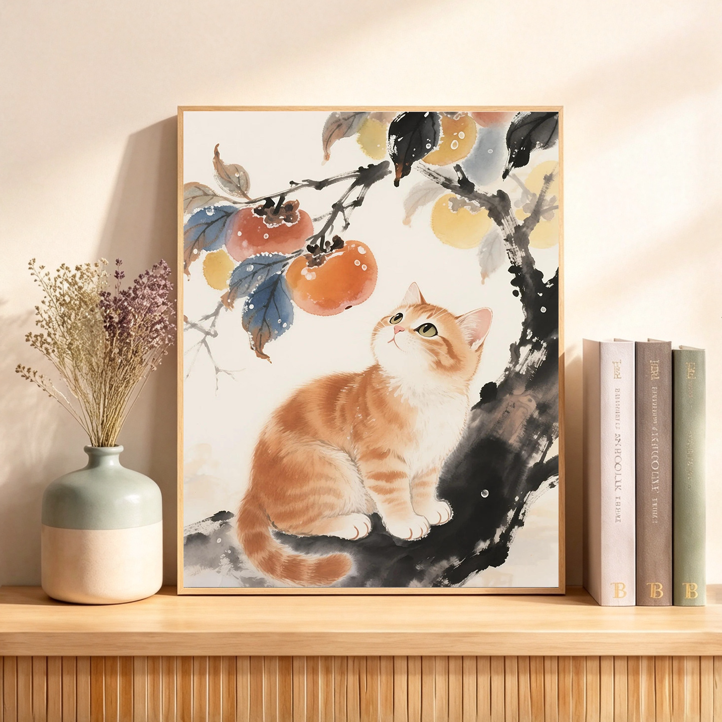 水墨风猫咪柿子手绘治愈数字油画