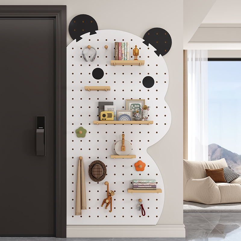 小熊玄关洞洞板定制置物架木质展示收纳墙面装饰收纳架实木隔板架