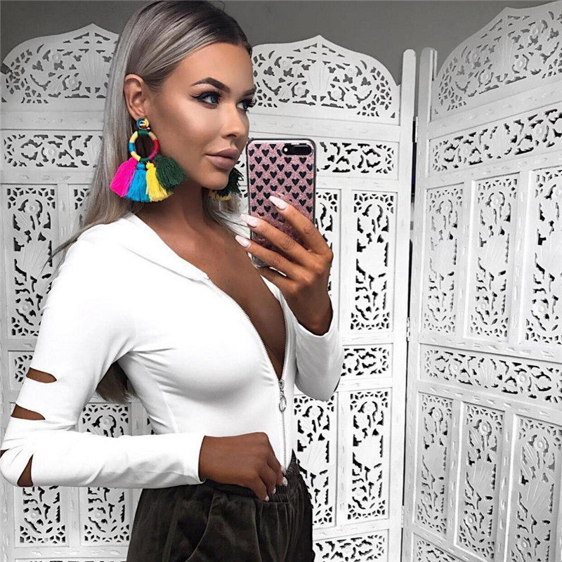 섹시한 후드 지퍼 바디 수트 여성 긴 소매 속이 빈 BOD