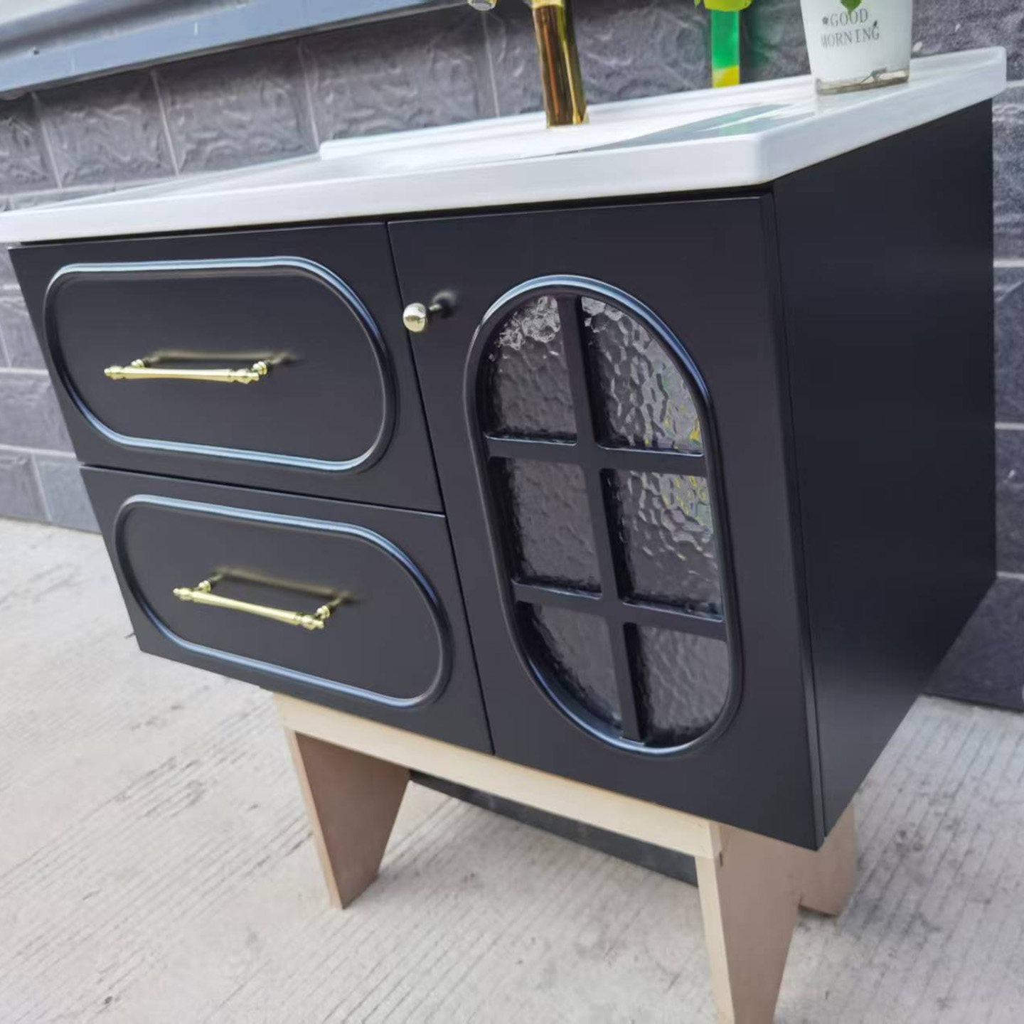 法式中古风陶瓷一体浴室柜组合卫生间洗漱台洗脸盆洗手台橡木烤漆