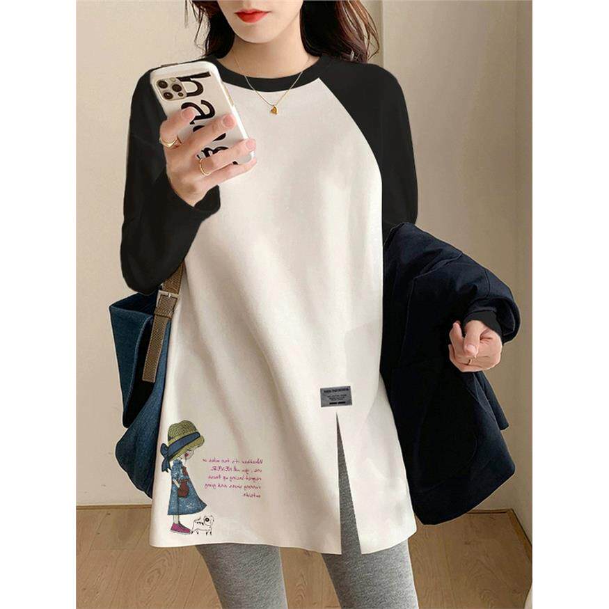 黑白插肩打底衫春秋上衣内搭纯棉中长款大码宽松遮屁股长袖t恤女