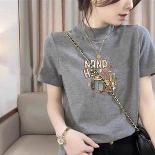 半高领纯棉灰色正肩短袖T恤女夏韩系chic印花宽松立领恤短袖上衣