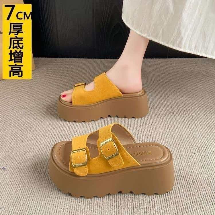 复古厚底一字皮带扣拖鞋女款夏外穿2026新款百搭增高凉拖鞋
