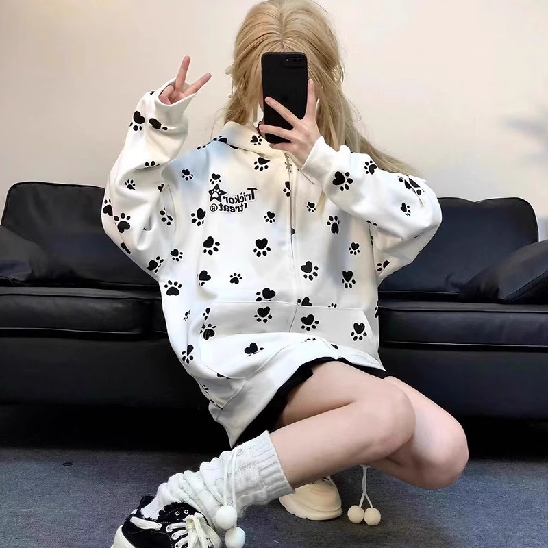 薄款/加绒款 冬新款女生连帽卫衣外套女美式慵懒拉链开衫上衣加绒