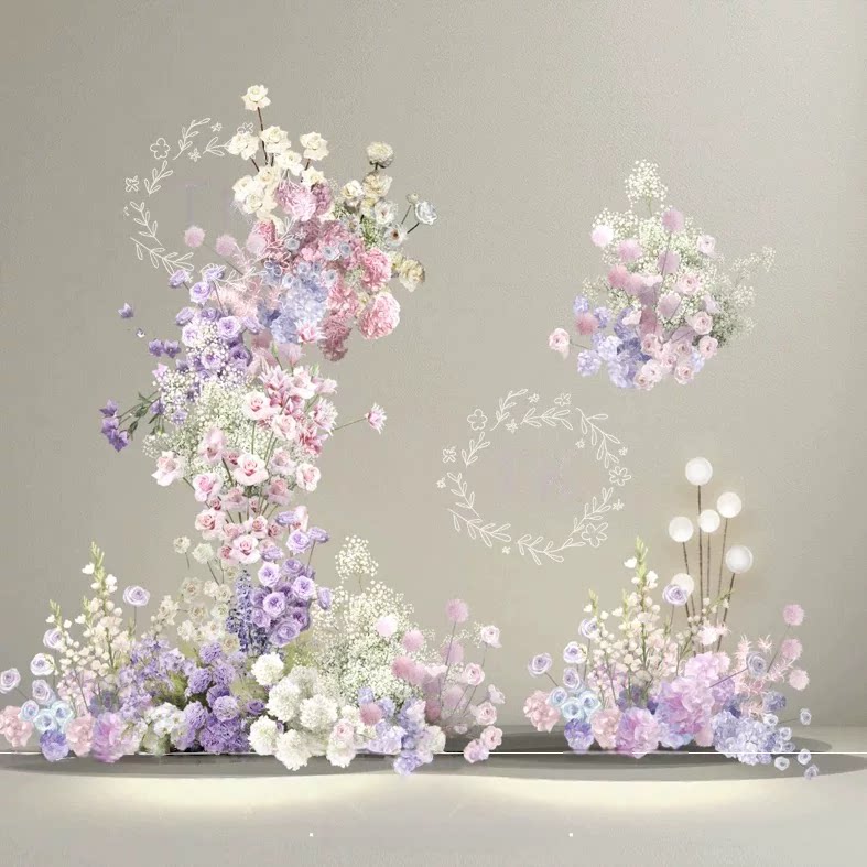 韩式婚礼效果图白绿粉紫花艺花串牛角花艺拱门婚庆花艺设计素材ps