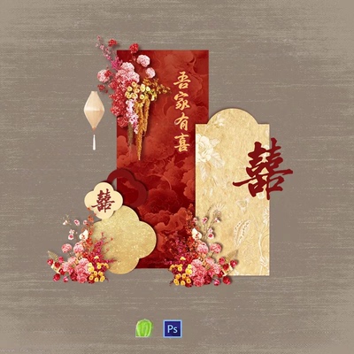 +D2中式中国风红色金色婚礼效果图花艺订婚宴迎宾背景设计素材