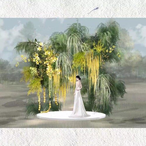 黄绿色自然风花艺素材小众户外婚礼效果图源文件54