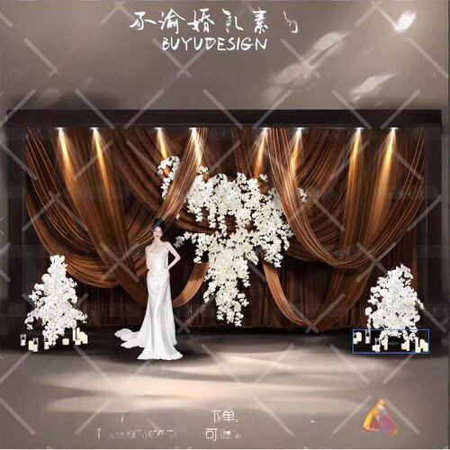 S咖色弧度层次布幔留影区效果图白色蝴蝶兰花艺PS设计素材