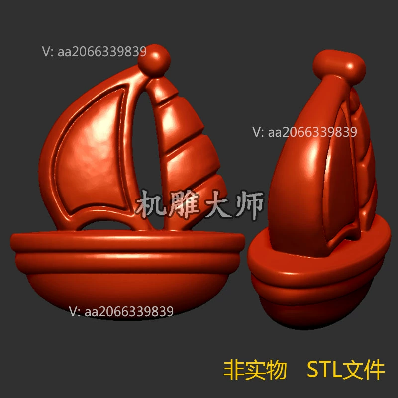 船三维立体图圆雕图图纸stl文件小船帆船摆件雕刻机3d模型1090