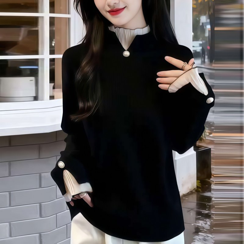 罗芬面料故事旗舰店女装秋冬新款时尚假两件半高领显瘦加厚针织衫