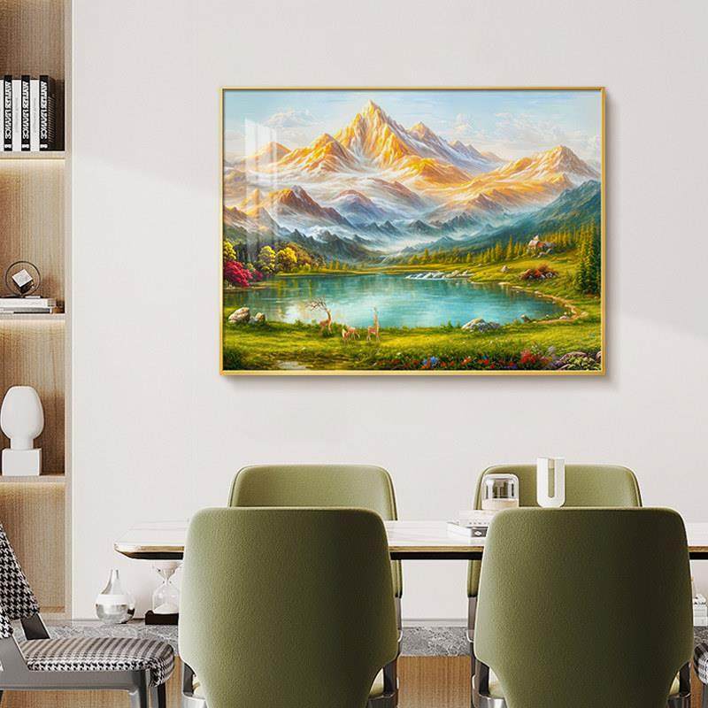 新款山水餐厅装饰画饭桌背景墙挂画聚宝盆轻奢入户玄关柜走道壁画