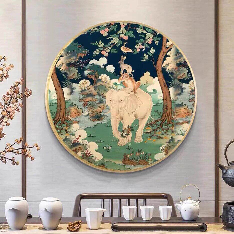 藏式唐卡玄关和谐四瑞挂画客厅吉祥八宝图六长寿老人圆形装饰壁画