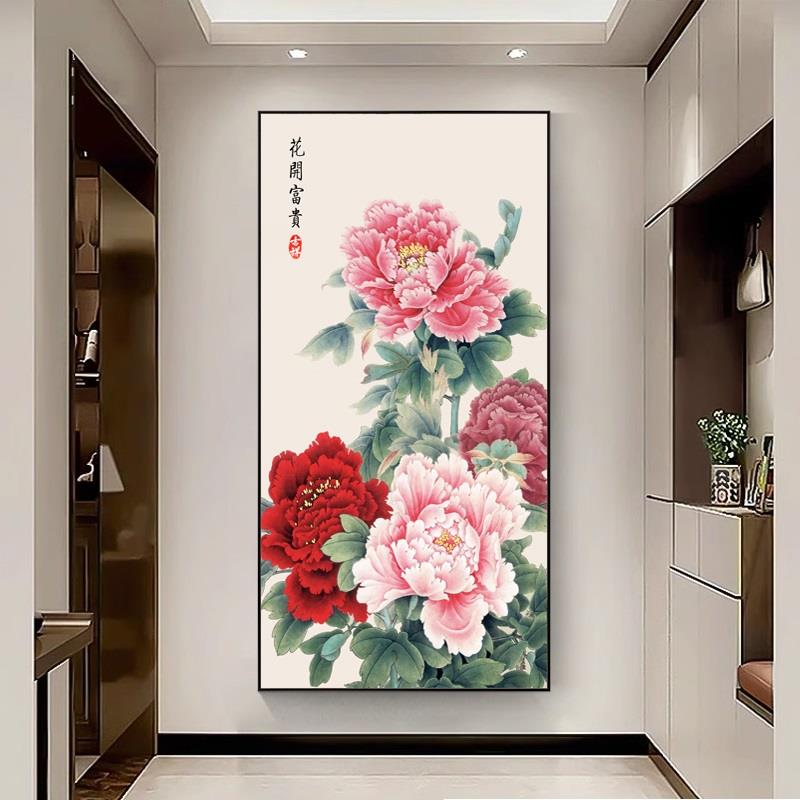 网红牡丹花玄关装饰画入户走廊过道壁画高级感竖版花开富贵牡丹图图片