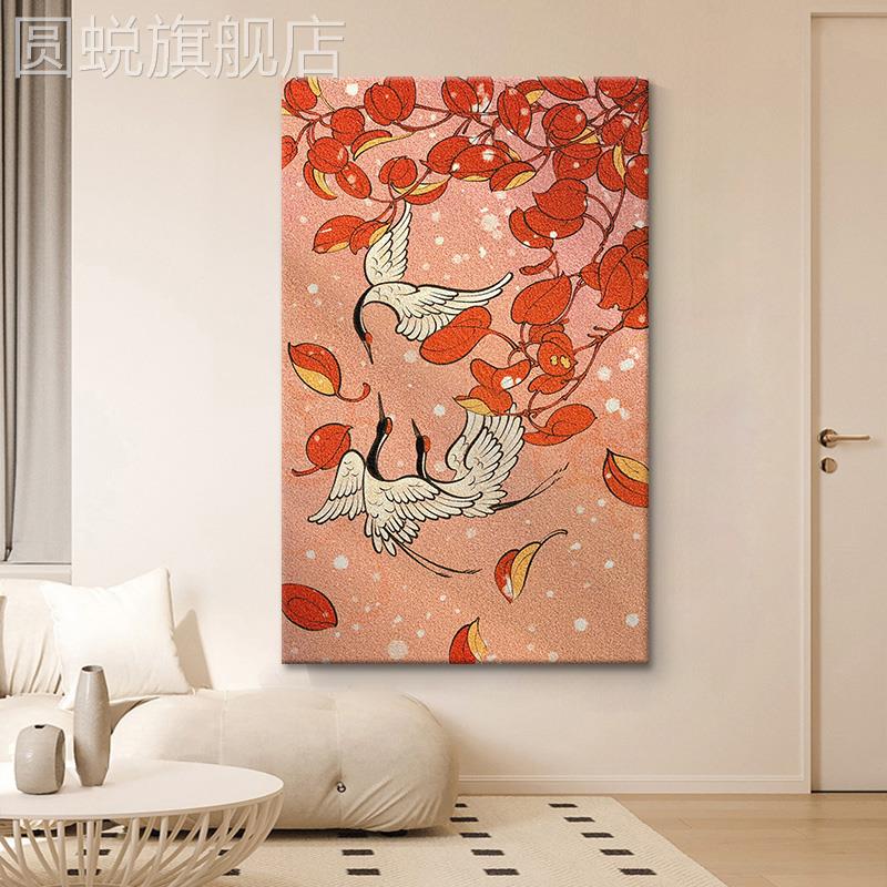 大红色树叶寓意好纯手绘油画装饰画仙鹤松鹤延年客厅玄关肌理挂画图片