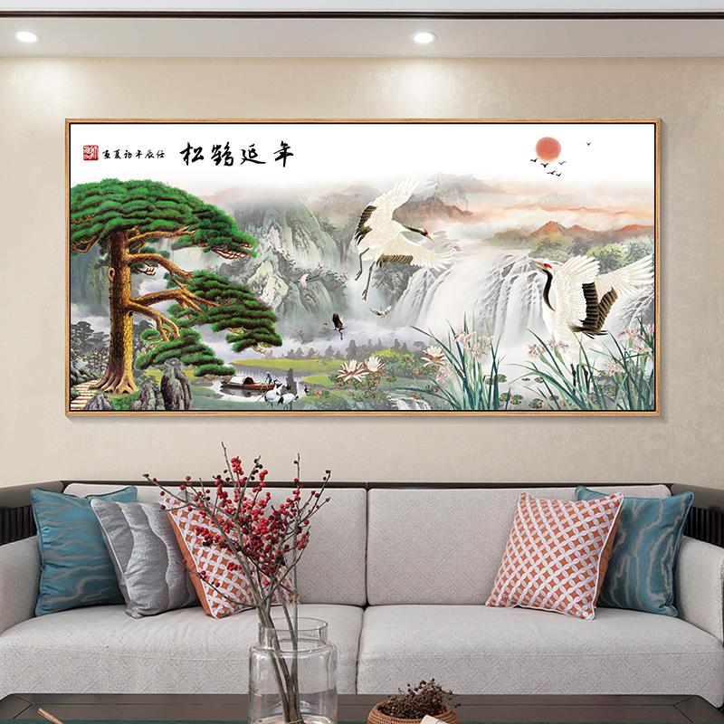 松鹤延年挂画新中式中堂画客厅背景墙装饰画餐厅仙鹤松树壁画横幅图片