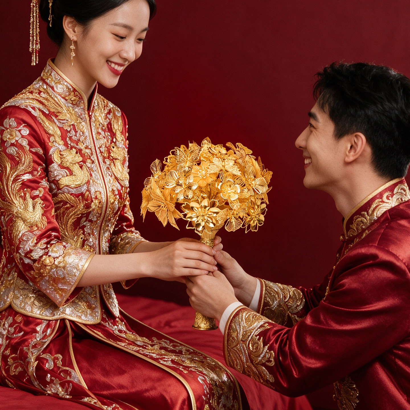 结婚金色秀禾手捧花送新娘diy成品闺蜜礼物婚礼仿真花高级道具