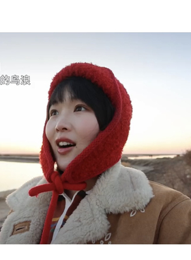 网红鸟浪姐同款红色雷锋帽女秋冬季保暖护耳飞行帽针织帽显气血好