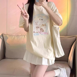 宽松百搭甜美学院风T恤潮 可爱猫咪印花新款 短袖 女装 上衣夏季