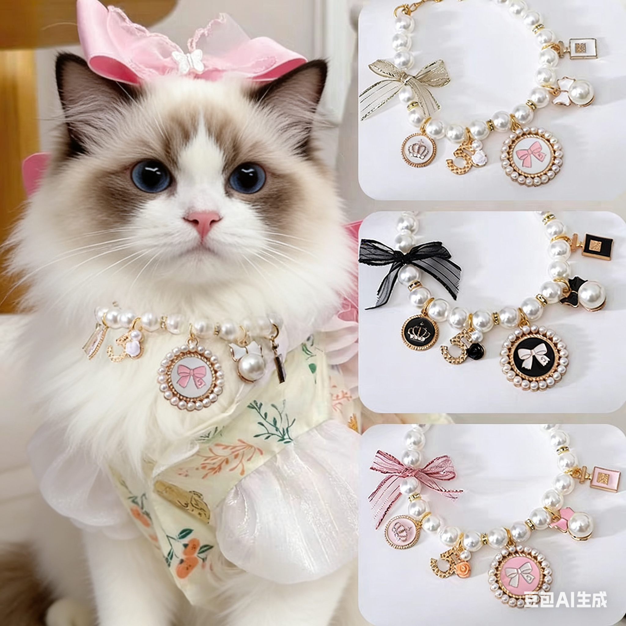 猫咪珍珠项链猫猫狗狗小香风可爱脖链蕾丝蝴蝶结项圈宠物装饰品