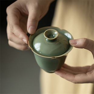 尚品阁丨耀州窑花口盖碗茶杯越窑青瓷高款聚香泡茶碗陶瓷茶具茶碗