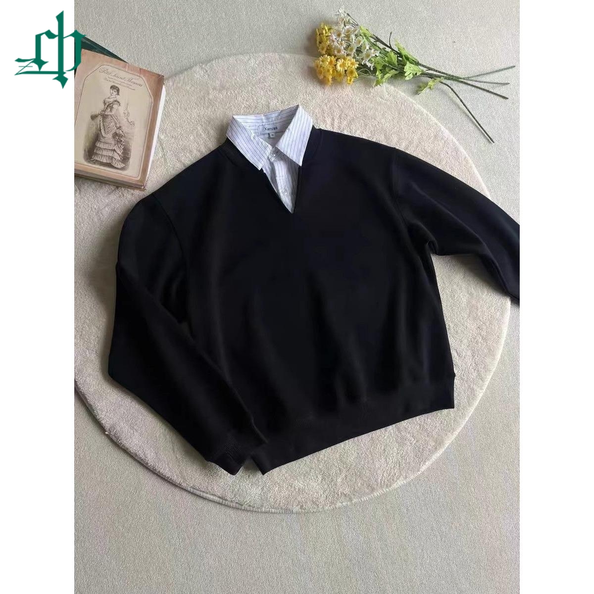 假两件条纹v领纯色卫衣