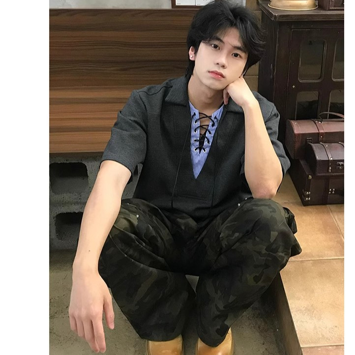 cuibuju 韩风小众拼接系带V领假两件休闲POLO衫百搭流行短袖T恤男